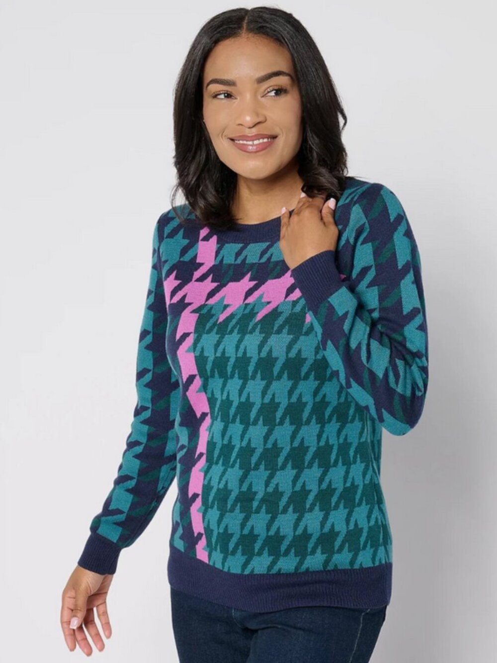 Denim & Co Houndstooth Placed Jacquard Sweater Navy Size 5X